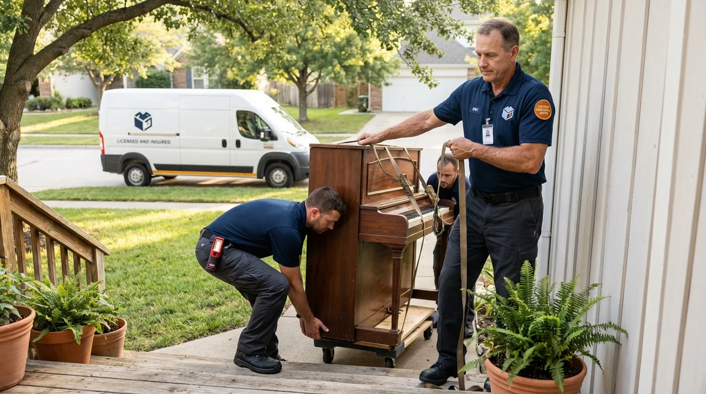 Licensed piano movers securing grand piano in Mount Olive, AL