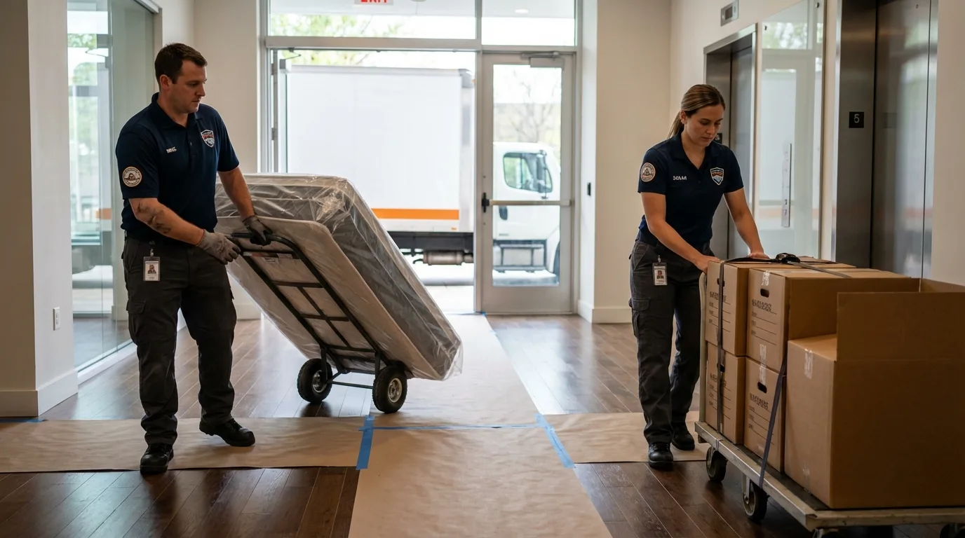 Professional apartment movers loading elevator in Mount Olive, AL